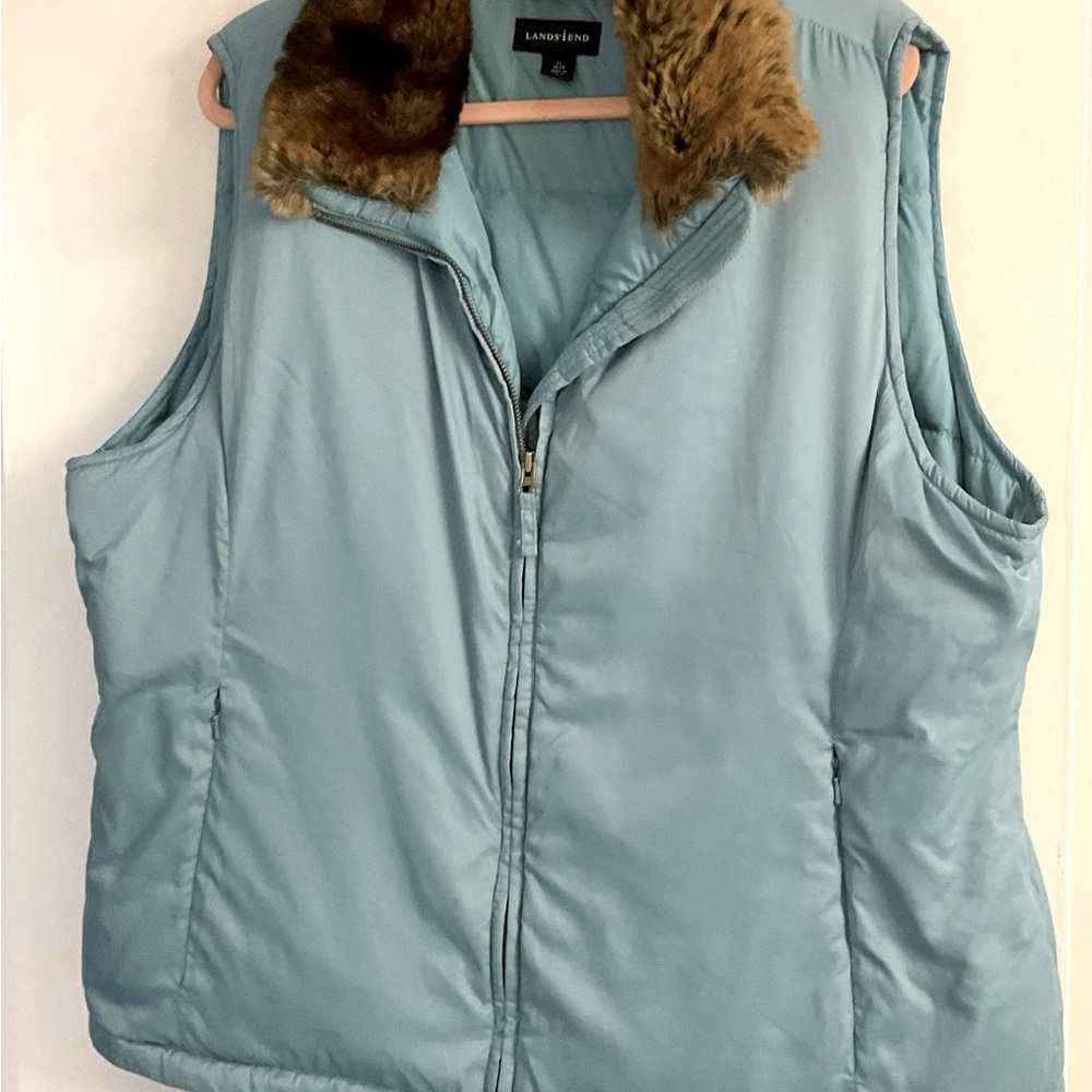 Lands' End Women's Teal Vest with Faux Fur Trim